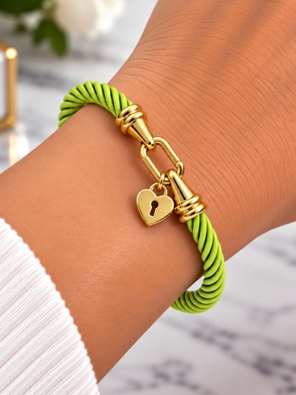 Green & Gold Tone Twisted Rope Bracelet